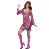 Woodstock Hippie Ladies Costume, pink and purple long sleeve A line dress and matching headband plus medallion.