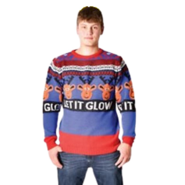 Xmas Jumper Let It Glow Man, ugly sweater with reindeer heads and wording "let it glow" standard size, unisex.