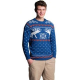 Xmas jumper reindeer man, ugly sweater, blue with with reindeers on the chest, unisex.