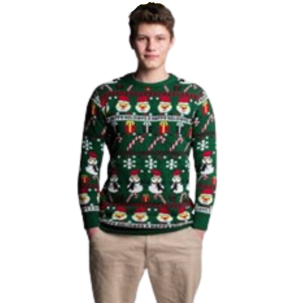Snowman xmas jumper for adults, green base with snowmen, santa heads, candy canes, unisex.