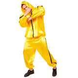 Yellow Rapper Costume, yellow hooded jacket and track pants with black trim.