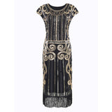 1920s Sequined Flapper Dress - Black & Gold - Hire, sleeveless black dress with gold sequin design, deluxe quality. Hire includes dress, headband, gloves, beads and boa.