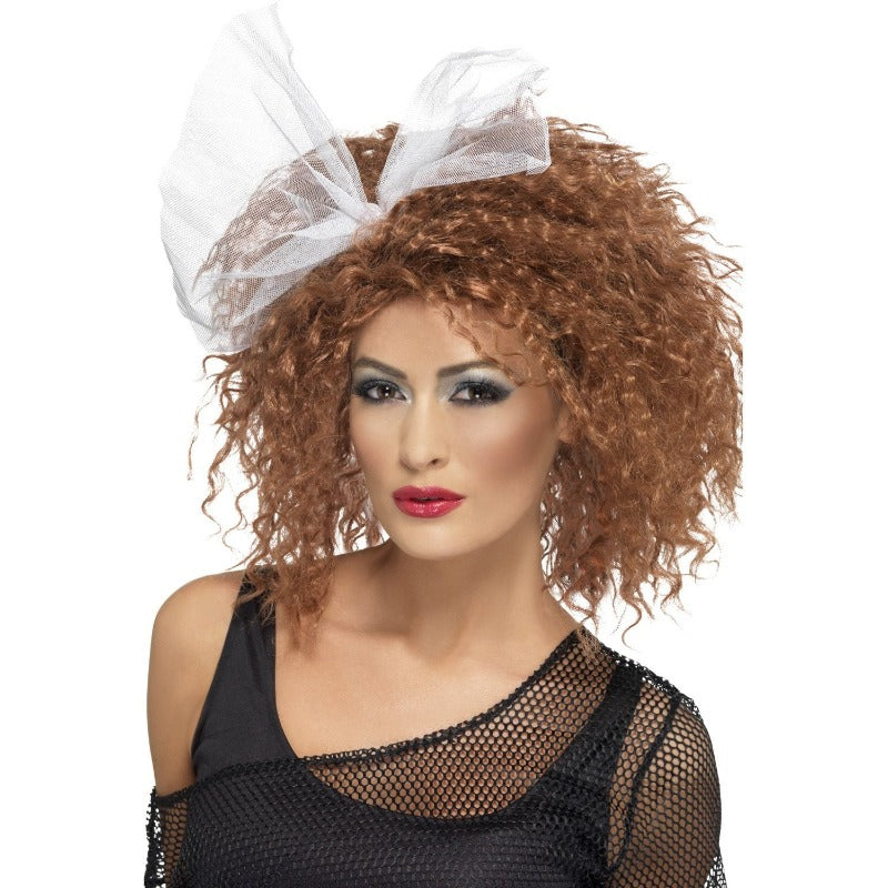 80 s Wild Child Auburn Crimped Wig with White Tulle Bow Cracker