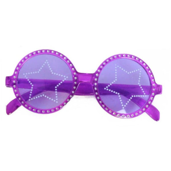 Glasses popstar star glasses, round lenses, purple lenses and frame.