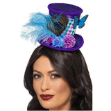 mad hatter mini feather hat in purple decorated with feathers, flowers and butterfly.
