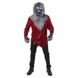 hungry howler, check shirt with grey fur trim and mask.