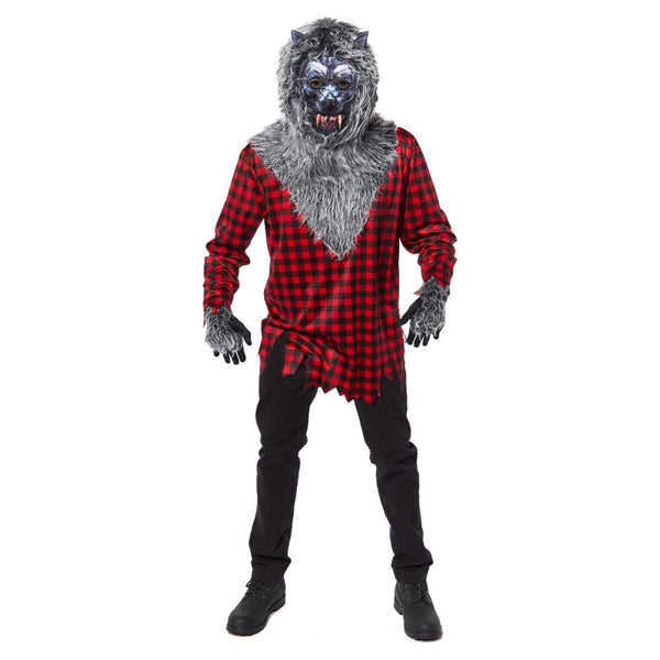 hungry howler, check shirt with grey fur trim and mask.