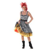 Pop starlet costume, fitted bodice with full skirt with petticoats, red rocker wig and jewellery.