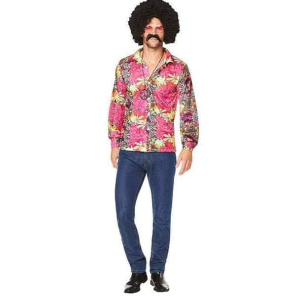 Flower power shirt for men, colourful pinks and yellows.