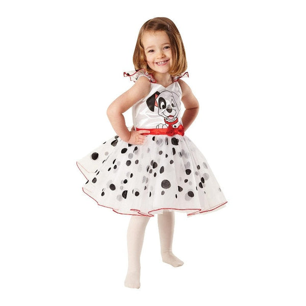 101 Dalmatians Deluxe Childs Costume, dress with layered skirt with dots and dog face on bodice.