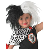 Cruella de vil deluxe costume for child, cape with digitally print on chest. wig not included.