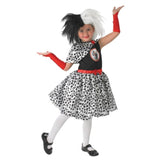 Cruella de vil deluxe costume for child, dress with spot skirt and cape, logo on bodice and fingerless gloves.