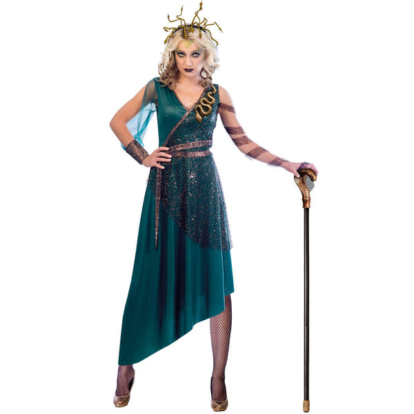 Medusa Women's Costume & Headdress, green dress with snake feature, headdress with snakes.