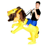 Inflatable lion costume for adults, ride on style.