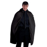 black basic cape with wide collar, knee length.