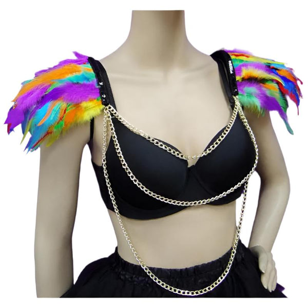 paradiso feather harness, rainbow feathers at shoulders and long silver feature chains.