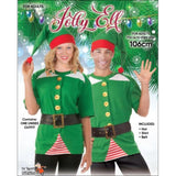 jolly elf shirt for adults, green and white with red and white stripe section. Includes hat, shirt and belt. unisex.