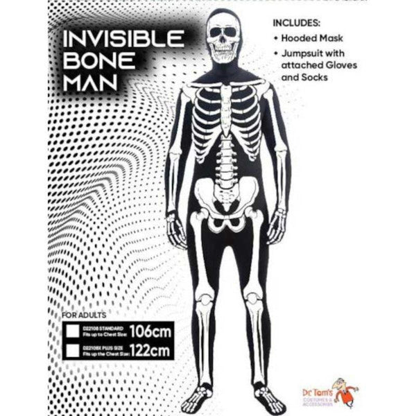 Invisible Bond Man Suit adult, jumpsuit with skeleton print and seperate hooded mask with skull print.