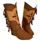 cowgirl suede boot covers in brown with cream and red plus fringing detail.