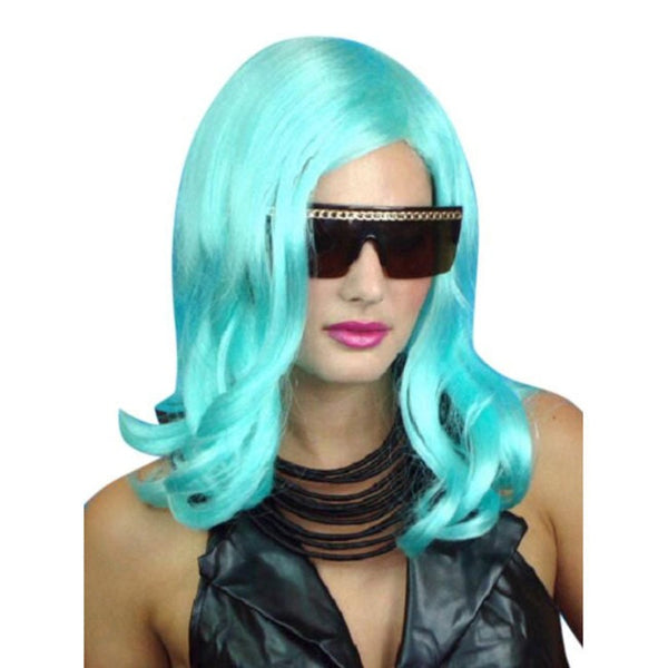 Lady Gaga shouler length aqur wig, straight with slight wave.