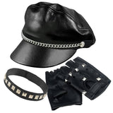 Bad biker accessory kit includes, black vinyl cap, studded necklace and studded fingerless gloves.