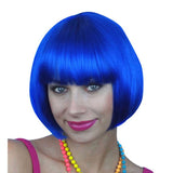 Blue short bob wig, chin length in royal blue shade.