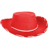 cowboy/cowgirl hat for child in red with white lacing around the outer brim.