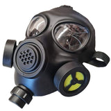 black gas mask with elastic strap.