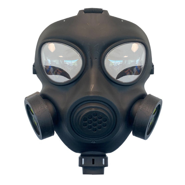 black gas mask in hard plastic with good vision.