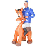 Inflatable jockey costume includes jockery riding horse with cap.